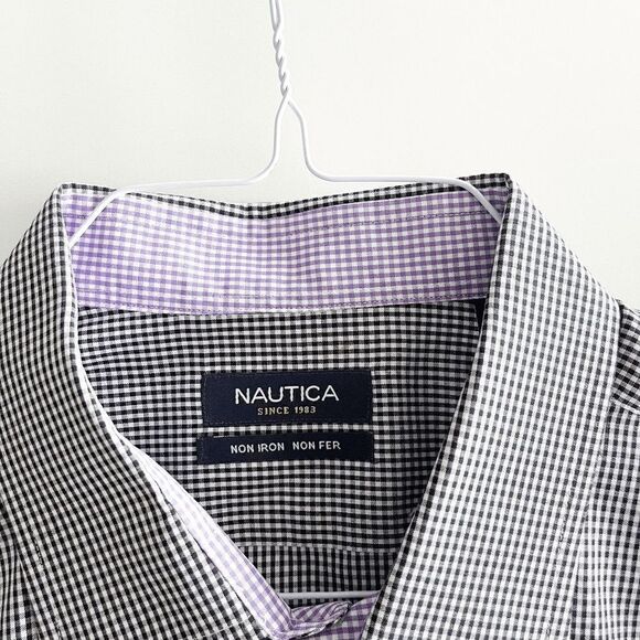 Nautica Mens Dress Shirt Gingham Button Down Long Sleeve Black White Size 17.5 - Picture 4 of 9